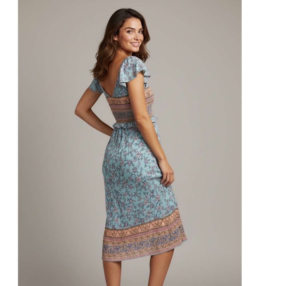 KOJOOIN Womens Boho Floral Smocked Midi Dress‎ Turquoise Pink XL Short Sleeve